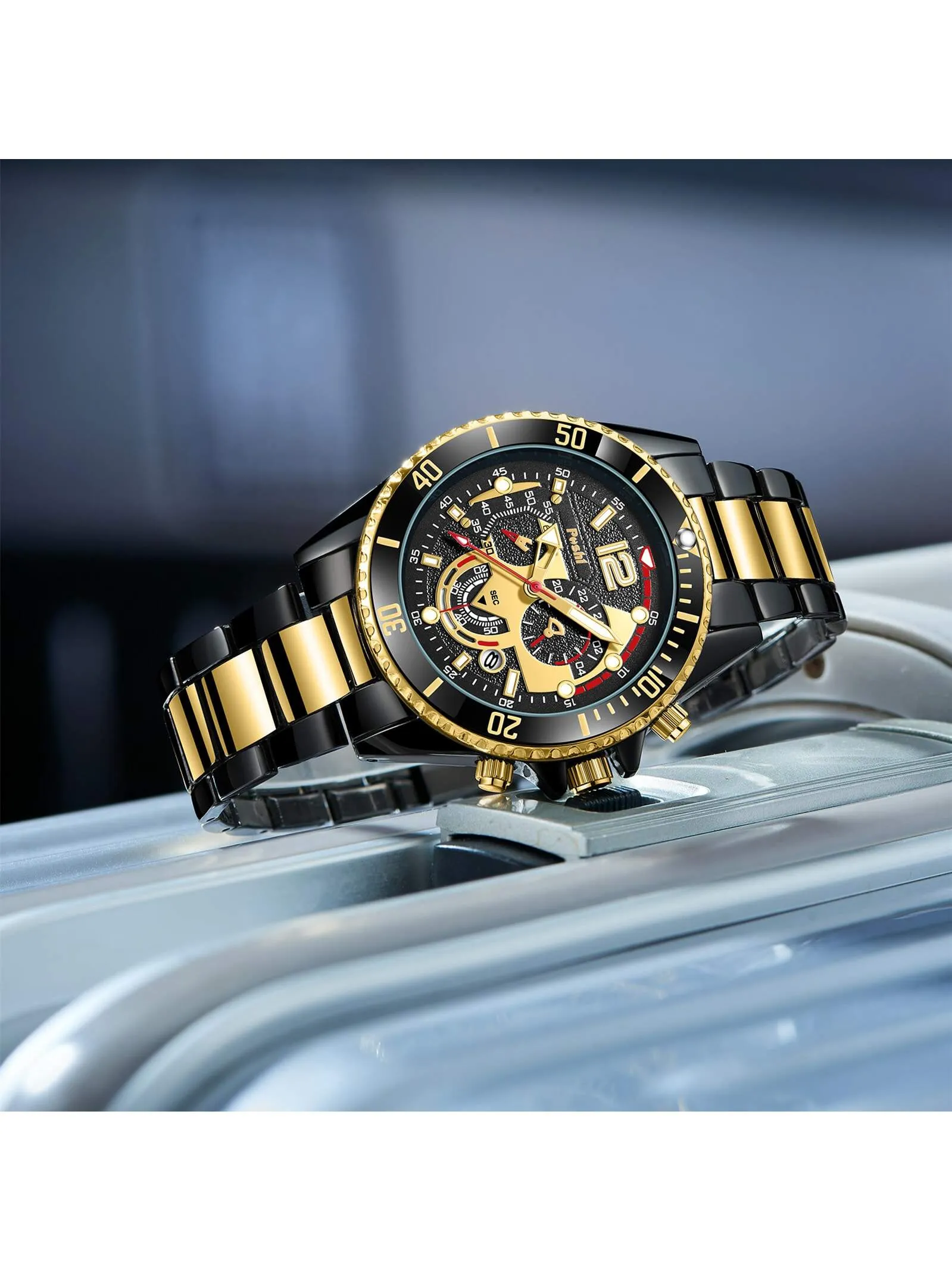 Waterproof Stainless Steel Calendar Men's Quartz Watch & 1pc Dragon Bone Bracelet