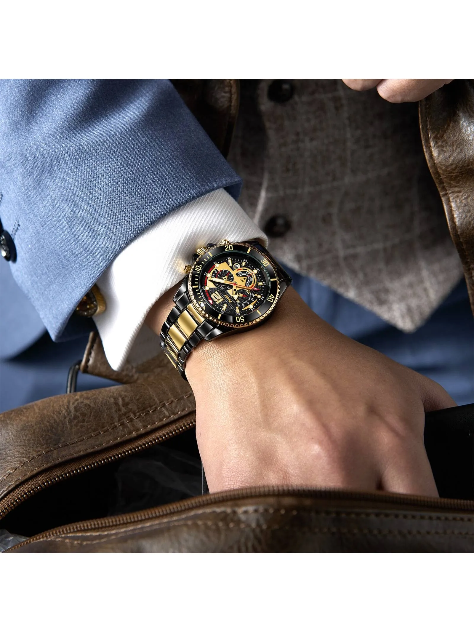 Waterproof Stainless Steel Calendar Men's Quartz Watch & 1pc Dragon Bone Bracelet