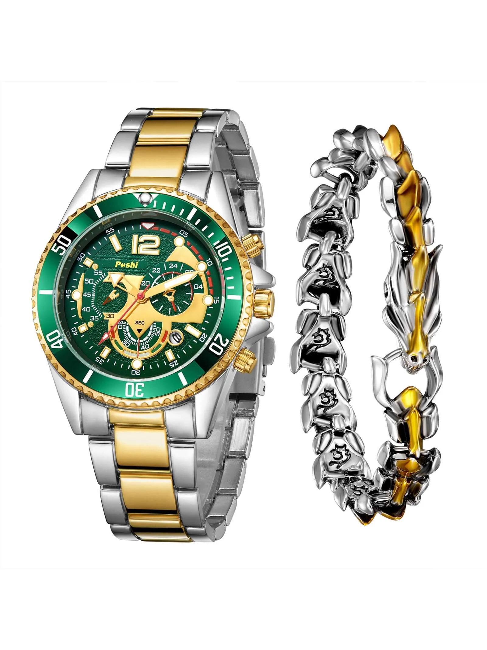 Waterproof Stainless Steel Calendar Men's Quartz Watch & 1pc Dragon Bone Bracelet