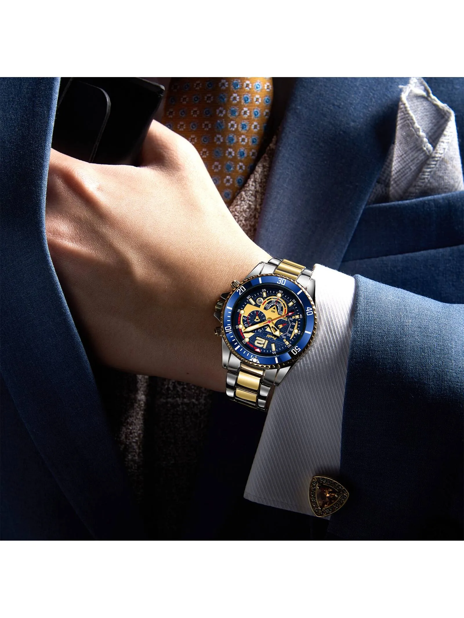Waterproof Stainless Steel Calendar Men's Quartz Watch & 1pc Dragon Bone Bracelet