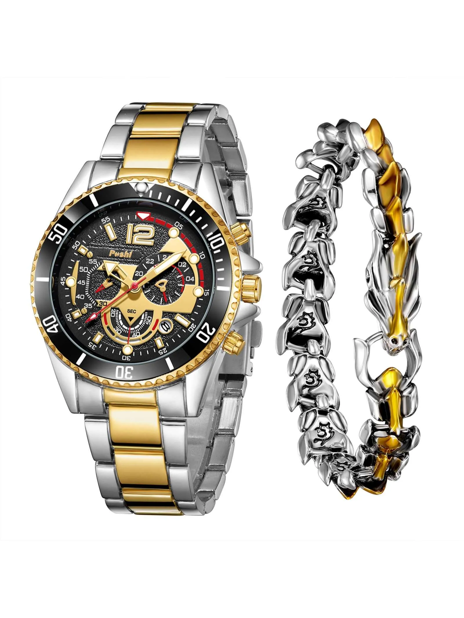 Waterproof Stainless Steel Calendar Men's Quartz Watch & 1pc Dragon Bone Bracelet