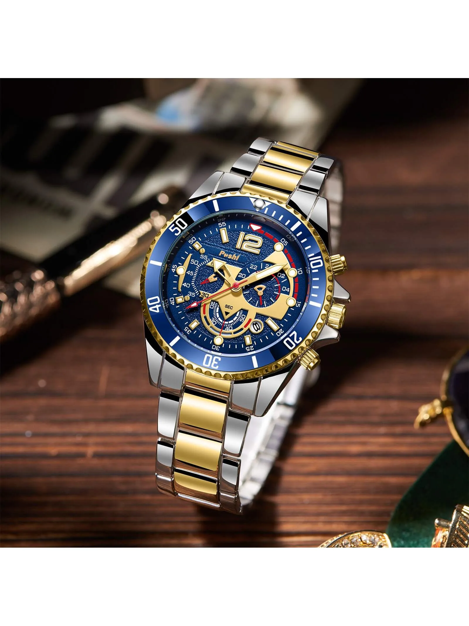Waterproof Stainless Steel Calendar Men's Quartz Watch & 1pc Dragon Bone Bracelet