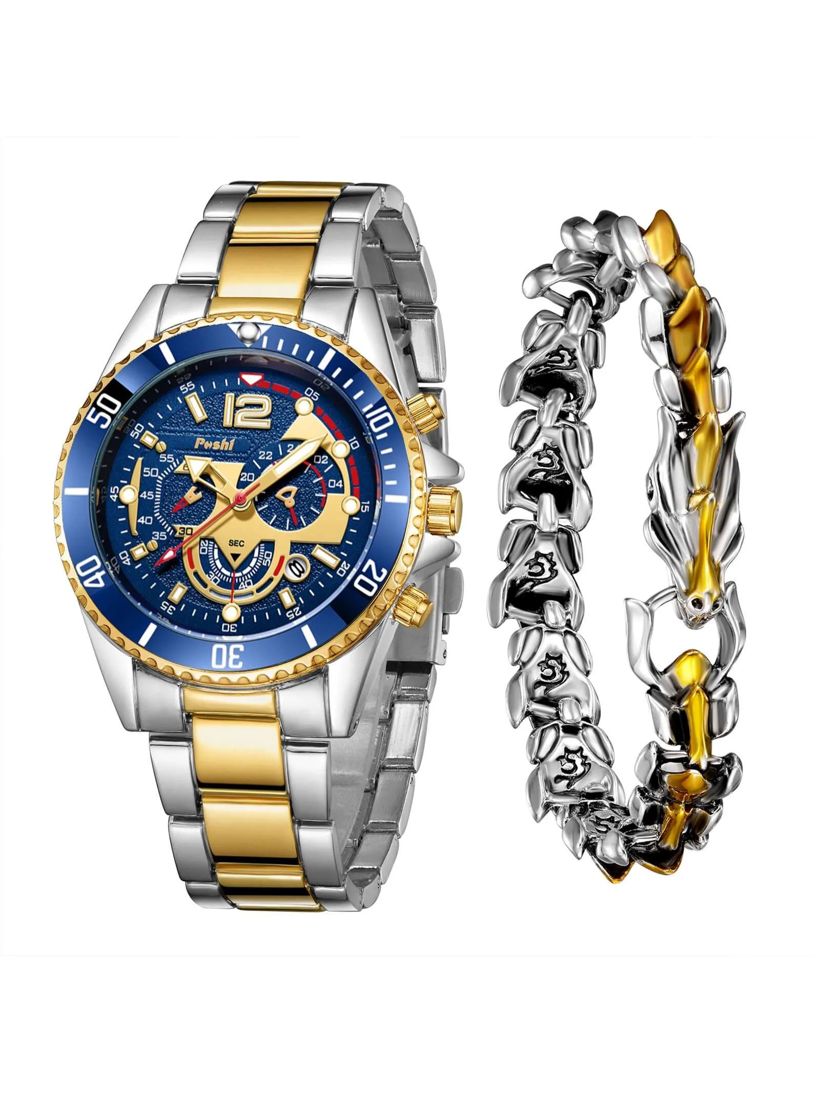 Waterproof Stainless Steel Calendar Men's Quartz Watch & 1pc Dragon Bone Bracelet