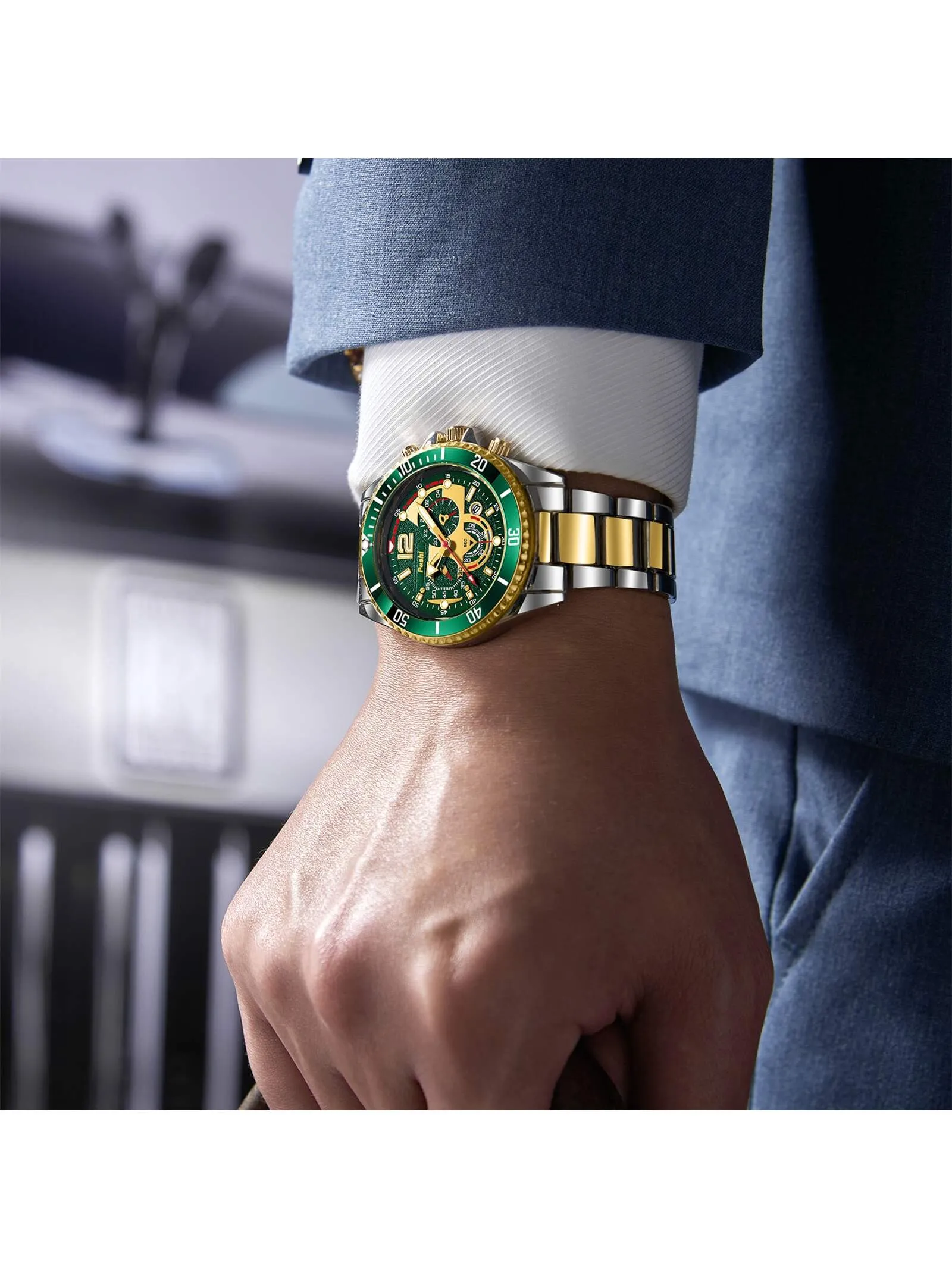 Waterproof Stainless Steel Calendar Men's Quartz Watch & 1pc Dragon Bone Bracelet
