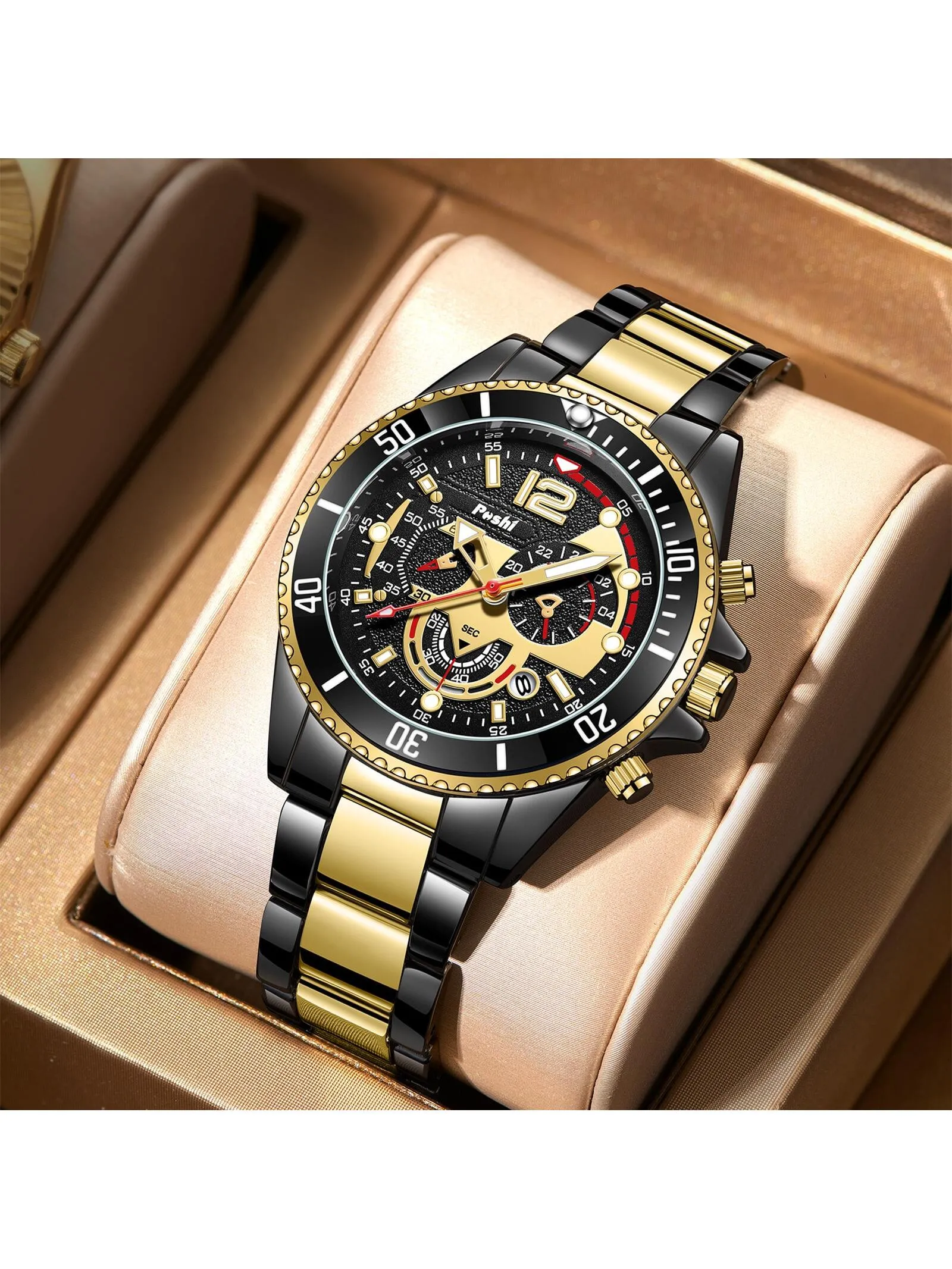 Waterproof Stainless Steel Calendar Men's Quartz Watch & 1pc Dragon Bone Bracelet