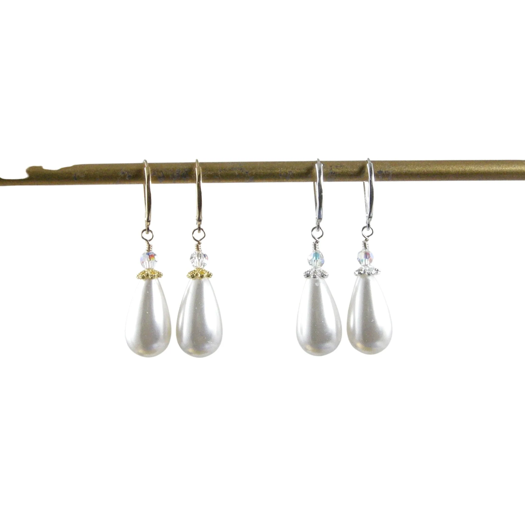 White Teardrop Pearl Earrings,  Gold and Silver Teardrop Pearl Earrings