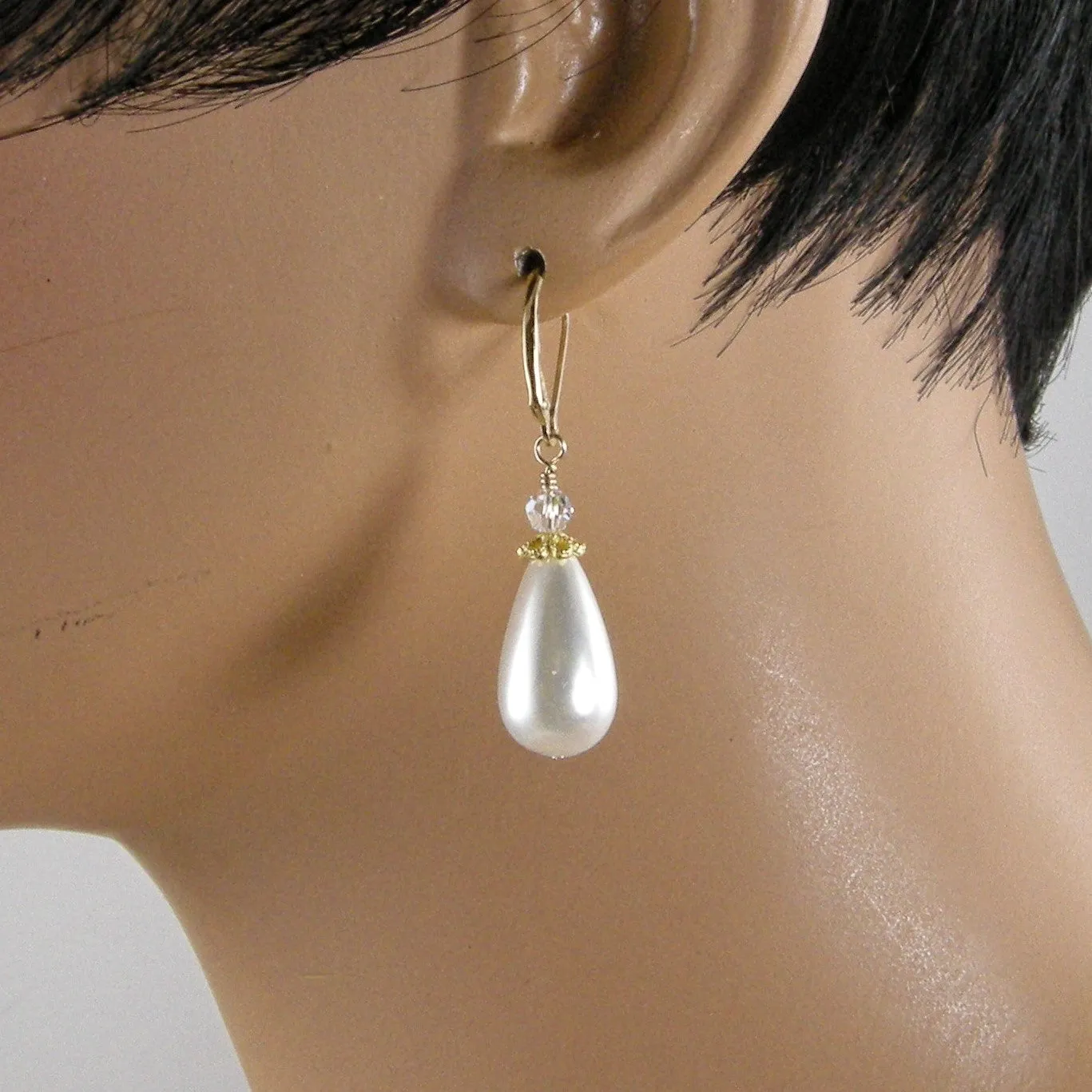 White Teardrop Pearl Earrings,  Gold and Silver Teardrop Pearl Earrings