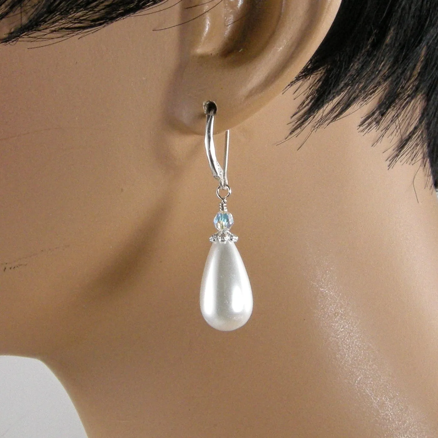 White Teardrop Pearl Earrings,  Gold and Silver Teardrop Pearl Earrings