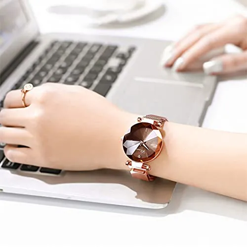 Women's Watches Fashion Shine Crystal Cutting Mirror Wrist Watch Rose Gold Stainless Steel Mesh Band Waterproof Analog Quartz Watches (Brown)