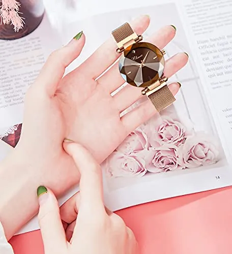 Women's Watches Fashion Shine Crystal Cutting Mirror Wrist Watch Rose Gold Stainless Steel Mesh Band Waterproof Analog Quartz Watches (Brown)