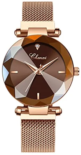 Women's Watches Fashion Shine Crystal Cutting Mirror Wrist Watch Rose Gold Stainless Steel Mesh Band Waterproof Analog Quartz Watches (Brown)
