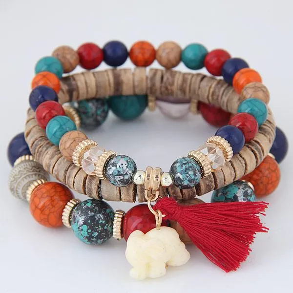 Wooden Beads Bracelets For Women Bohemia Elephant Tassel Charm Bracelets & Bangles
