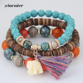 Wooden Beads Bracelets For Women Bohemia Elephant Tassel Charm Bracelets & Bangles