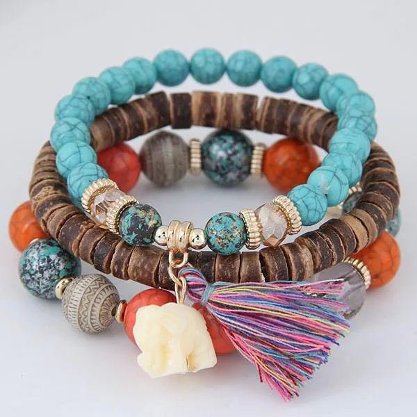 Wooden Beads Bracelets For Women Bohemia Elephant Tassel Charm Bracelets & Bangles