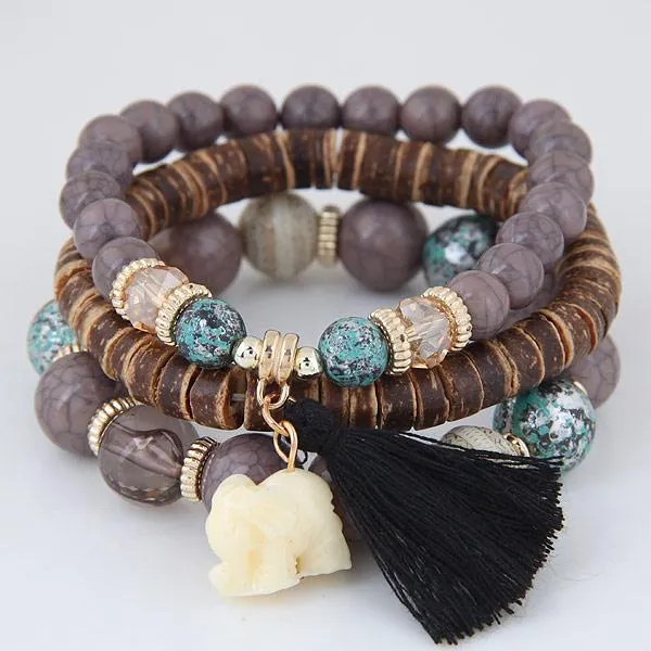 Wooden Beads Bracelets For Women Bohemia Elephant Tassel Charm Bracelets & Bangles