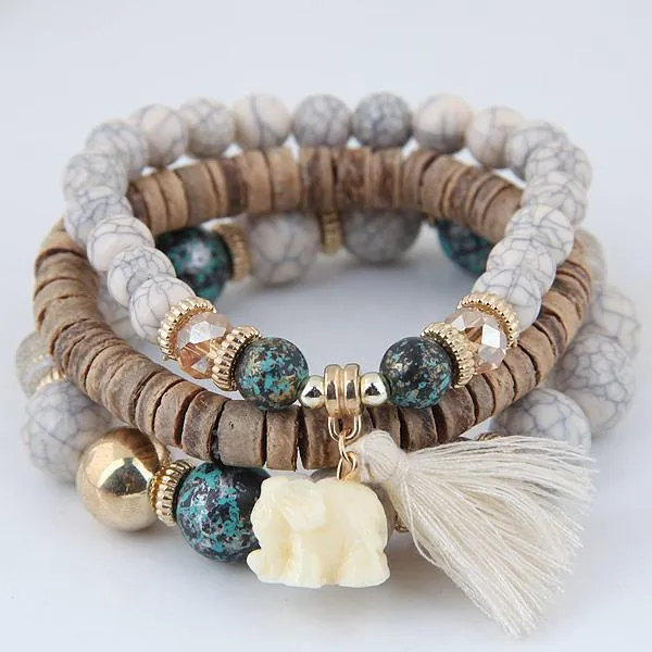 Wooden Beads Bracelets For Women Bohemia Elephant Tassel Charm Bracelets & Bangles